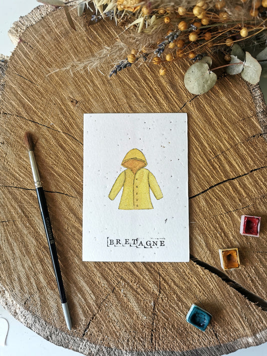 Carte postale avec coordonnées GPS - Ciré Jaune - Bretagne