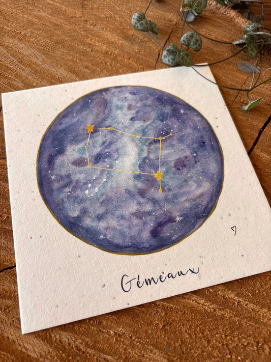 Constellation Gémeaux - Carte aquarelle - 14x14cm