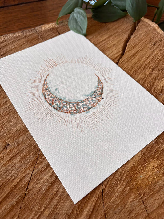 Lune - Carte aquarelle - Illustration Vibratoire - 21x14,8cm