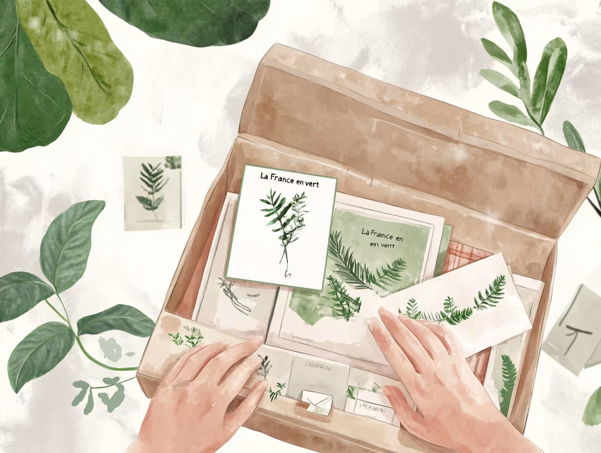 Dessin aquarelle d'un coffret "La France en Vert"